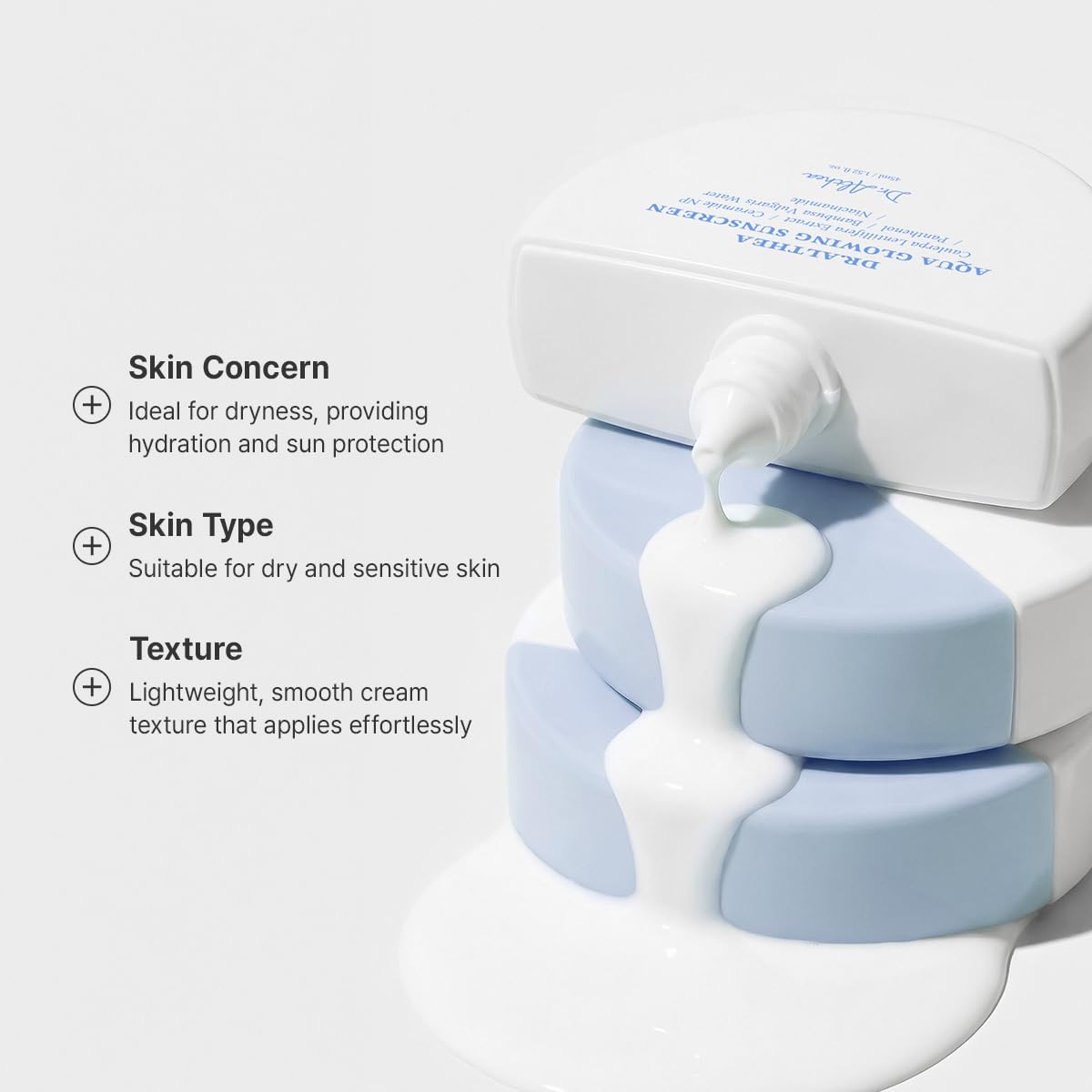 Product packaging with a pump and text detailing skin concerns, type, and texture.