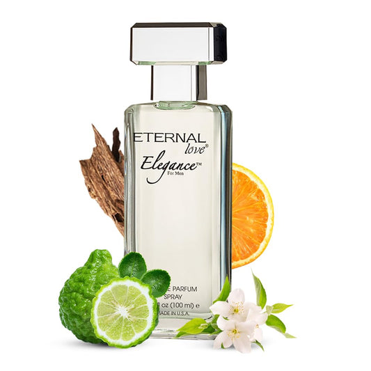 Perfume bottle labeled 'Eternal Love Elegance' with citrus fruits and flowers on a white background