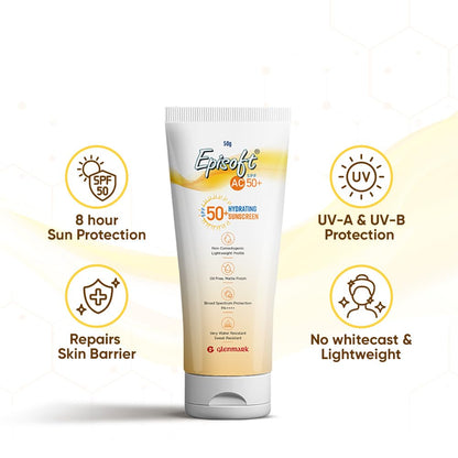Episoft sunscreen tube with features highlighted on a white background