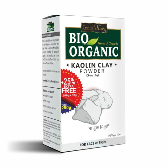 Box of Bio Organic Kaolin Clay Powder with promotional text on a white background