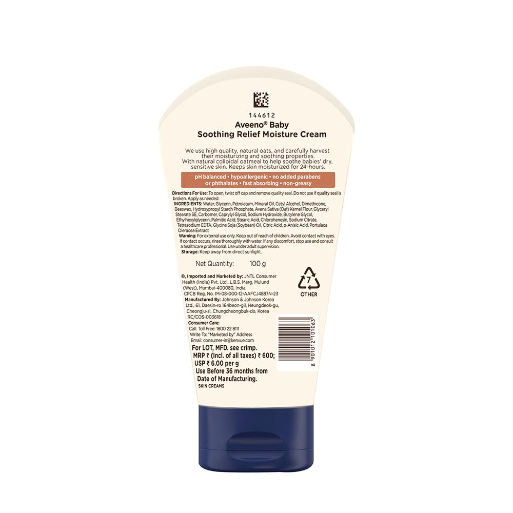 Aveeno Baby Soothing Relief Moisture Cream 100G | 24 Hr Protection for Dry, Itchy, Sensitive Skin | Clinically Proven | Active Oats|Us Pediatrician Recommended | Hypoallergenic, Fragrance-Free & Paraben-Free