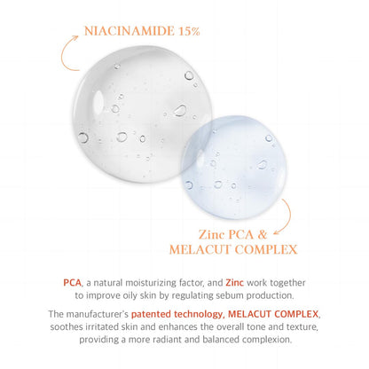 Two skincare product textures with text highlighting niacinamide, PCA, and Melacut Complex.