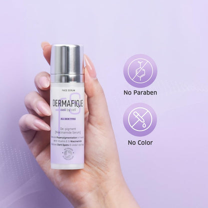 Dermafique De-Pigment Serum 30ml | Niacinamide, Hyaluronic Acid | Reduces Pigmentation in 4 weeks | Reduces Dark Spots, Inflammation, Under eye bags, Sun exposure effects | Dermat Tested on Indian Skin