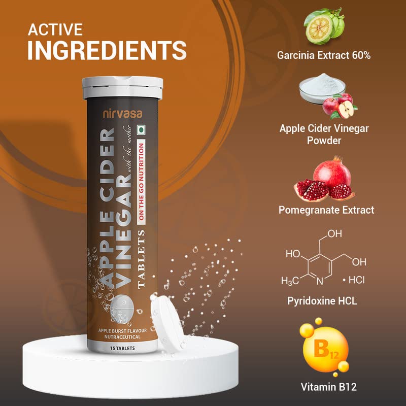 Nirvasa Apple Cider Vinegar with Mother (Apple Burst Flavour) with Pomegranate & Garcinia Cambogia Extracts | 100% Vegetarian ACV Tablets for Men & Women | 15 Effervescent Tablets X 2