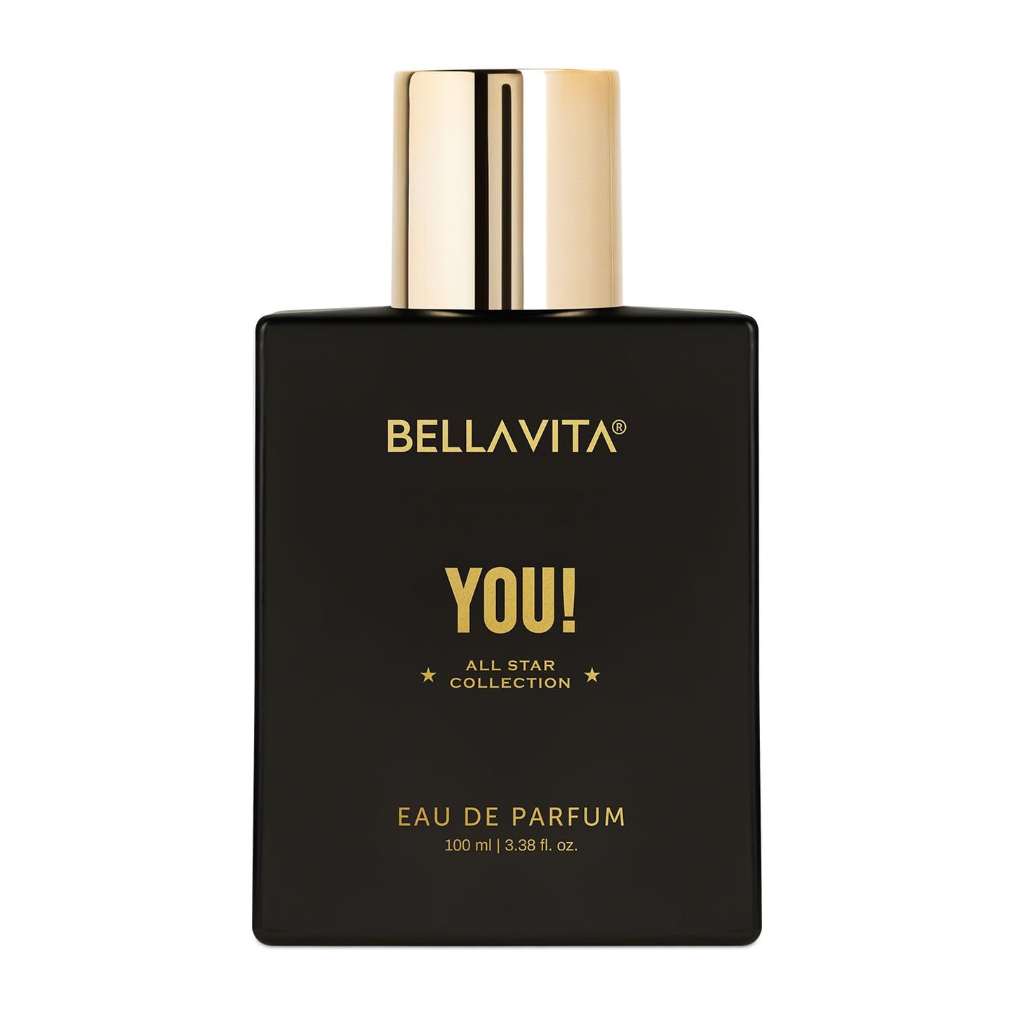 Black and gold Bellavita perfume bottle on a white background