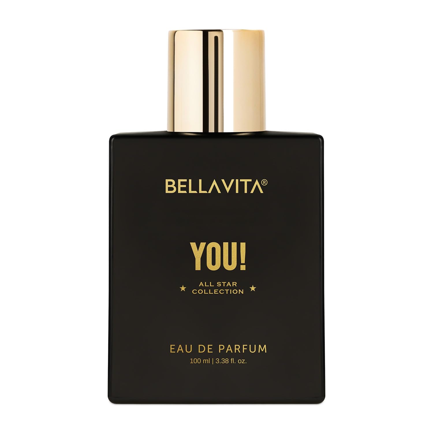 Black and gold Bellavita perfume bottle on a white background