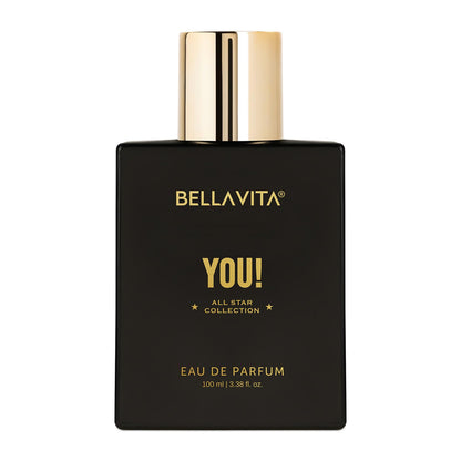 Black and gold Bellavita perfume bottle on a white background