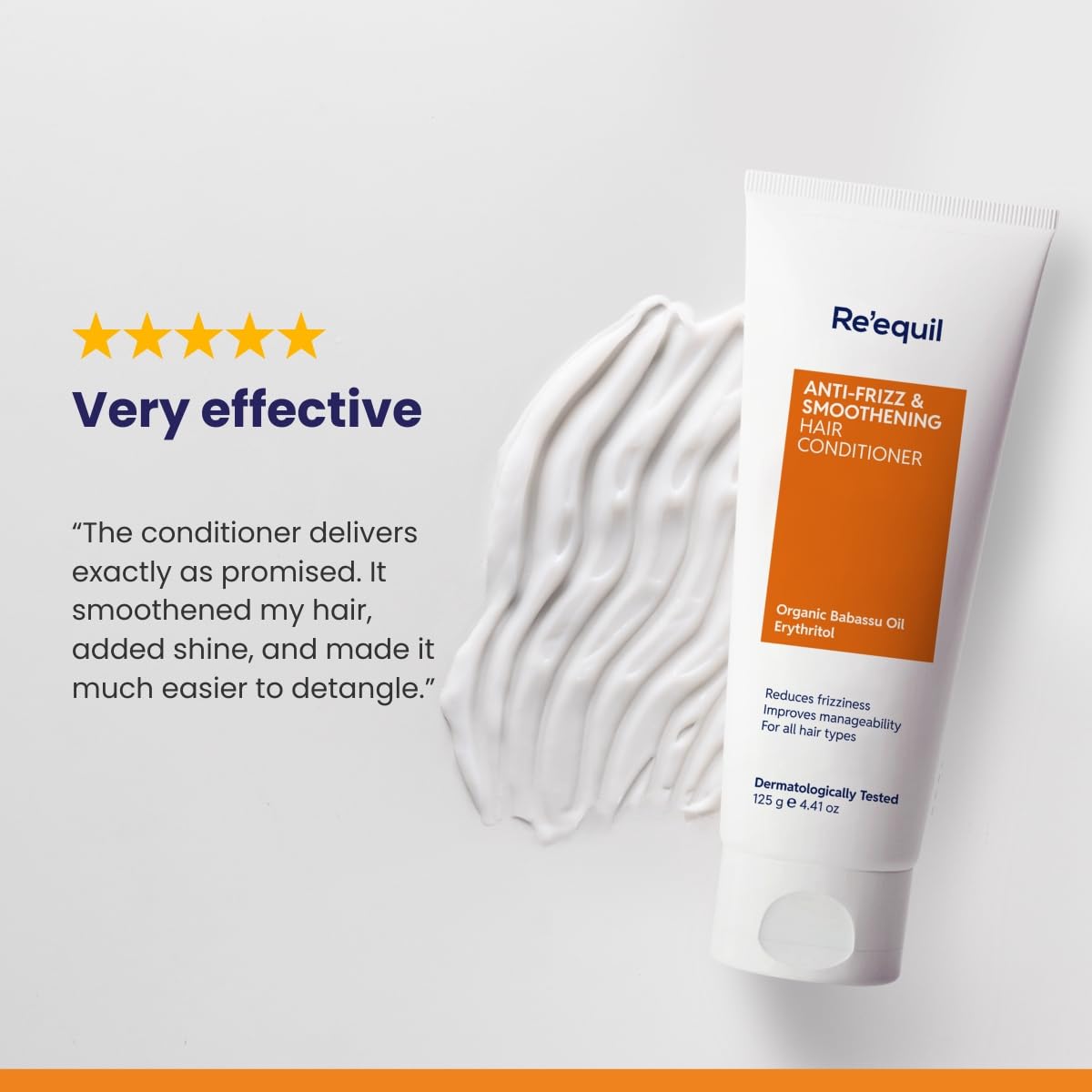 Re'equil hair conditioner tube with product description and customer review on a white background