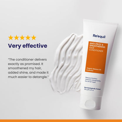 Re'equil hair conditioner tube with product description and customer review on a white background