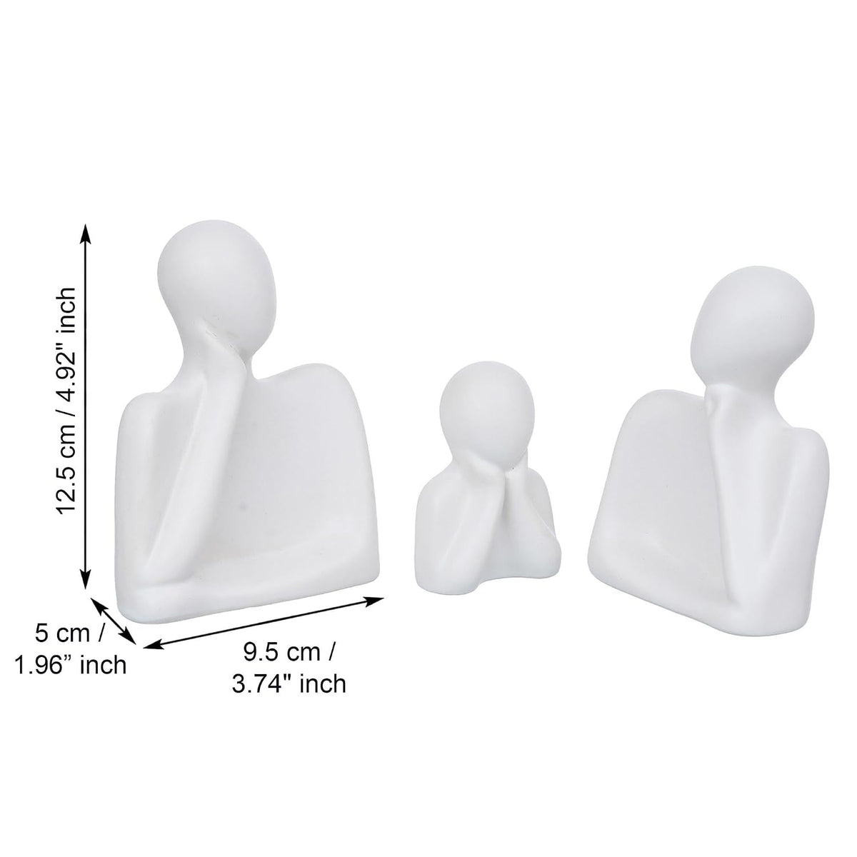 eCraftIndia Set of 3 White Ceramic Handcrafted Happy Family Statue Sculpture | Thinking Face People Figurines Home Decor Items Showpiece for Living Room Bedroom Table Shelf TV Unit | Gift for Birthday