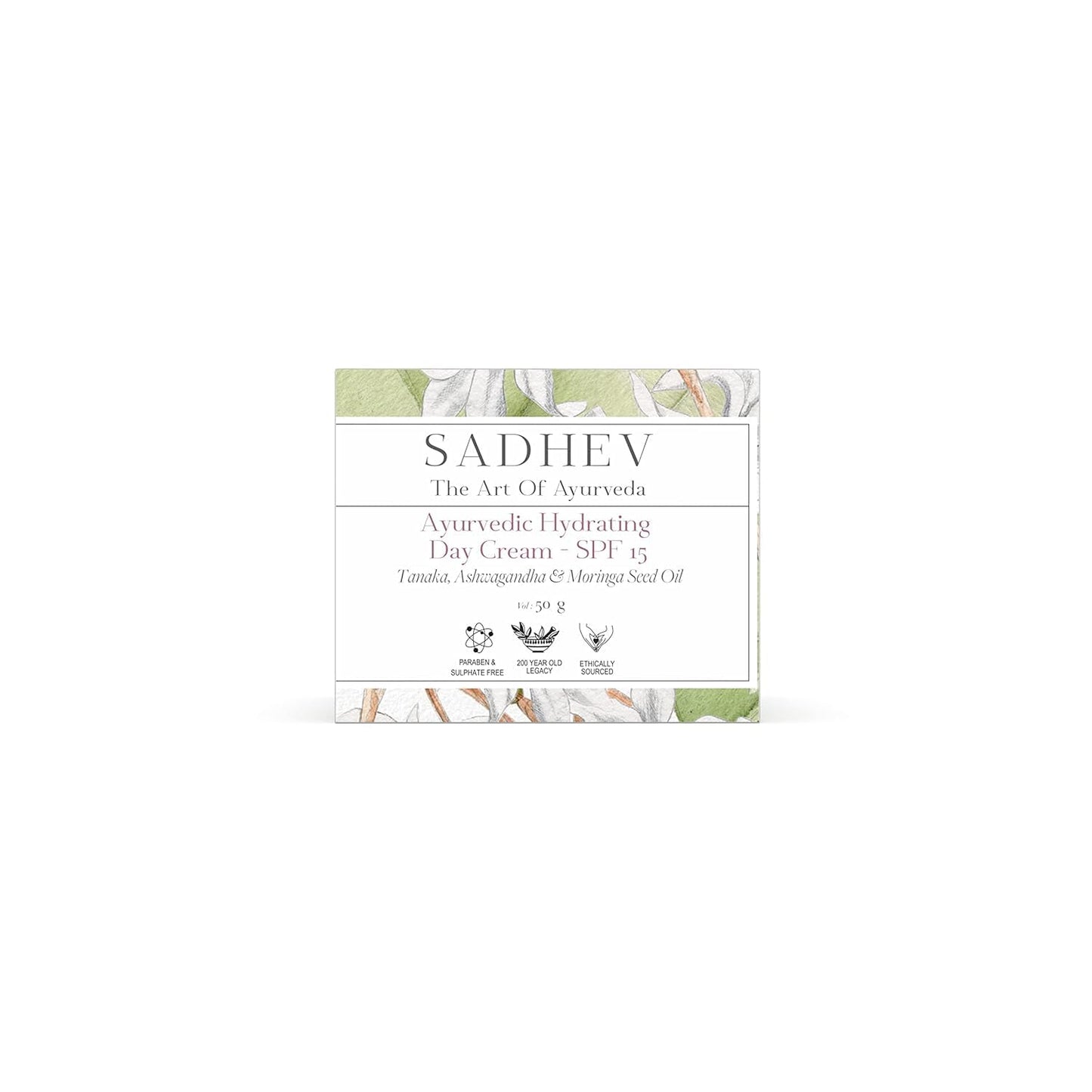 Sadhev Ayurvedic Hydrating Day Cream SPF 15 with Goodness of Tanaka, Ashwagandha & Moringa Seed Oil - 50gm (Pack of 1)_GWP