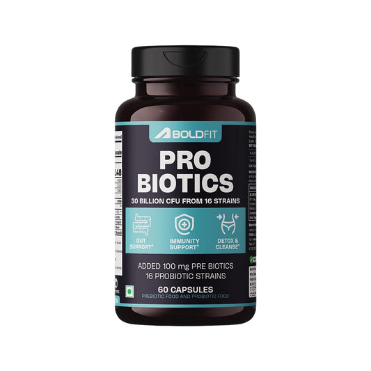 Boldfit Probiotics 30 Billion CFU with 16 Strains and Prebiotics for Gut Cleanse Detox Digestive Health Bloating Relief Constipation Probiotic Supplement for Men and Women Supports Immunity Booster - 60 Veg Capsules