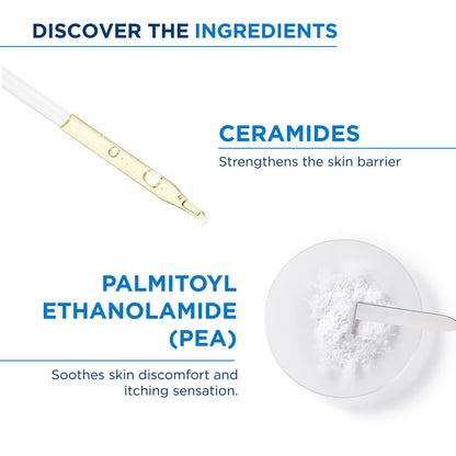 Product packaging with text about ceramides and palmitoyl ethanolamide on a white background