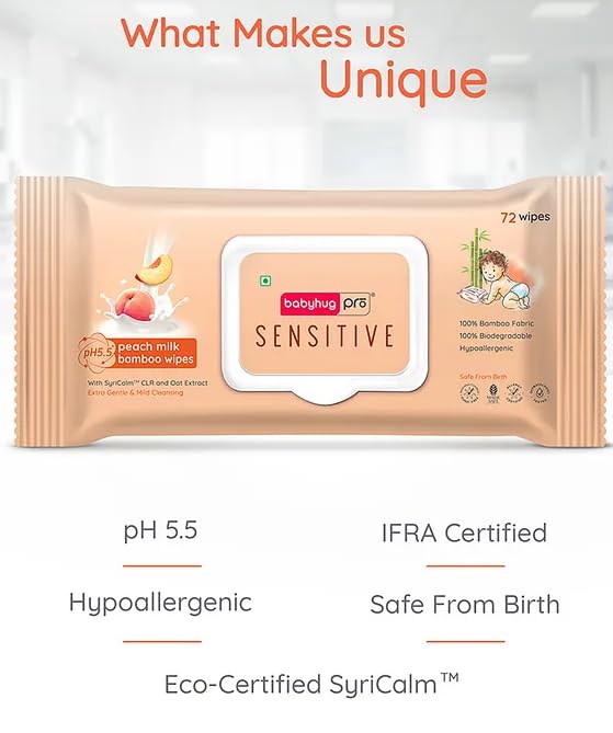 Babyhug Pro Sensitive pH 5.5 Peach Milk Bamboo Wipes - 72 Wipes