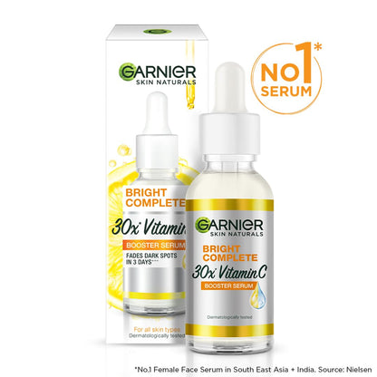 Garnier Bright Complete 30x Vitamin C serum bottle and packaging on a white background