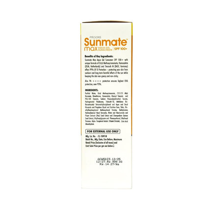 Sunmate Max Aqua Gel Sunscreen With SPF 100+ And PA++++ | For all Skin Types I Oil Free, Non-Greasy, No Sweat, No White Cast, Non Comedogenic Prevents Suntan, Sunburn And Pigmentation | 70 GM