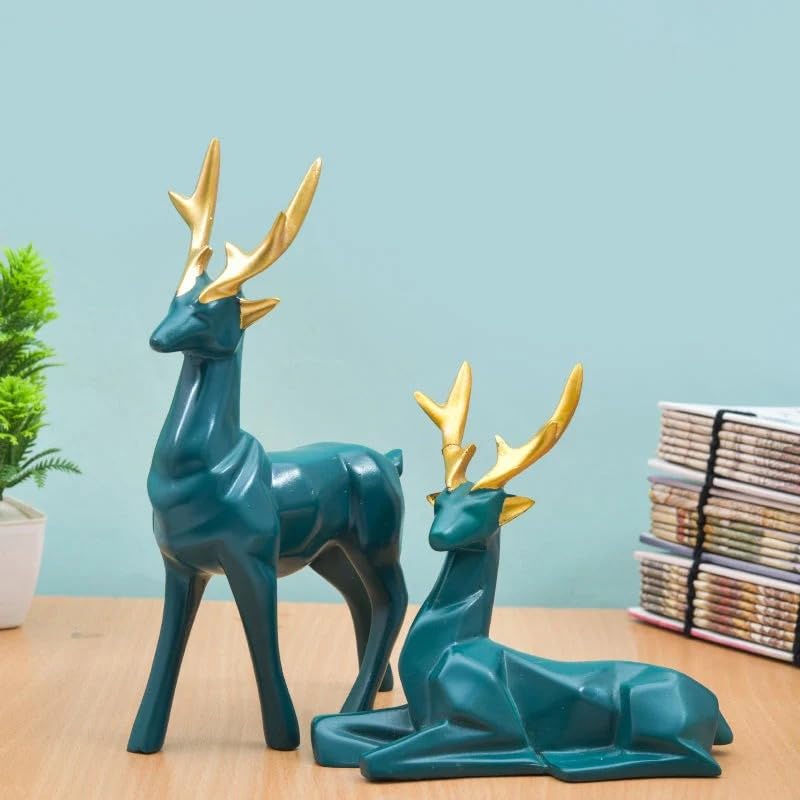THE SACRED GIFTS Green Deer Set Handcraft Resin Animal Showpiece for Home & Office Decor | Home Decor Item| Deer/Hiran Showpiece for Home Decor(Set of 2)