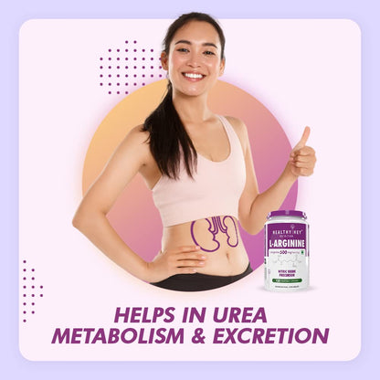Woman with a supplement bottle labeled 'Healthy Mix L-Arginine' on a colorful background