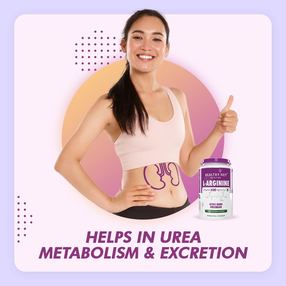 Woman with a supplement bottle labeled 'Healthy Mix L-Arginine' on a colorful background
