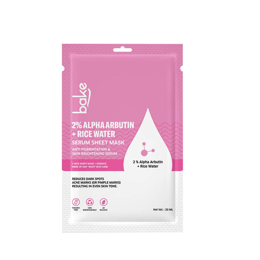 BAKE 2% Alpha Arbutin Sheet Mask for Glowing Skin with Rice Water for Instant Bright Skin | For Dark Spots, Pigmentation & Tan Removal | Instant Glow - 20g
