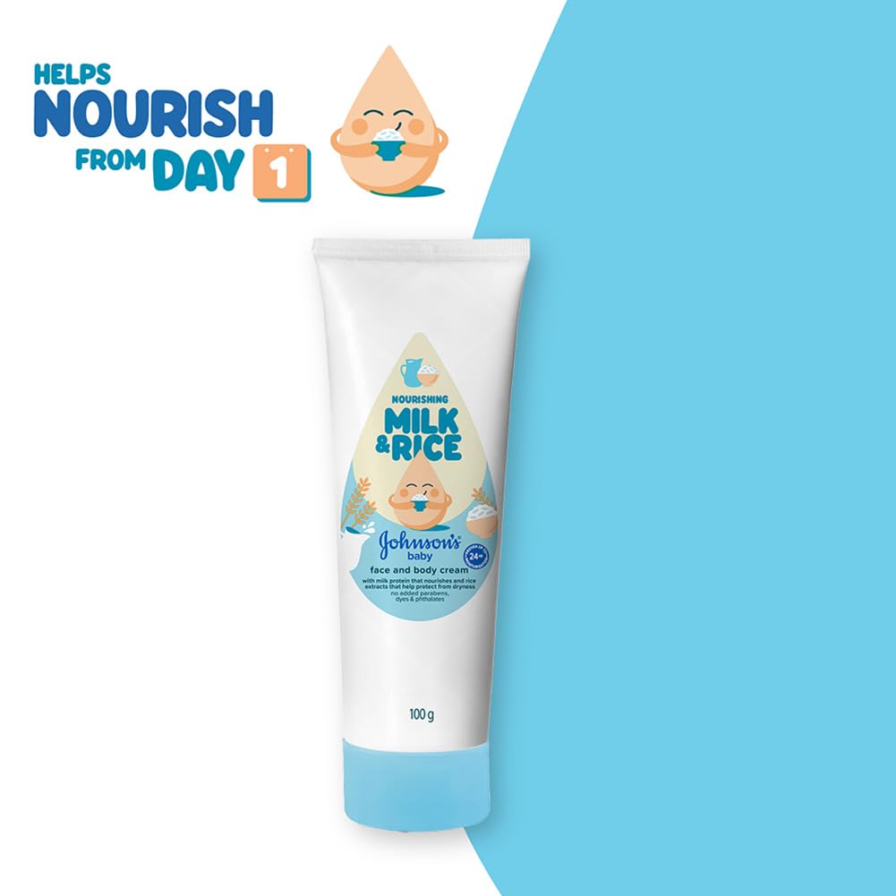 Johnson's Baby Milk & Rice Cream for Summer 100g | Lightweight Moisturizer | With Milk Protein & Vitamin E | Soft & Smooth Skin | Hypoallergenic | For Dry & Sensitive Baby Skin
