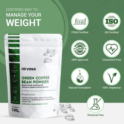 Nirvasa Pure Green Coffee Bean Powder for Weight Loss & Detox | Natural Fat Burner with Chlorogenic Acid | Boosts Metabolism, Energy & Fitness | Unroasted Arabica Extract Powder, 100g