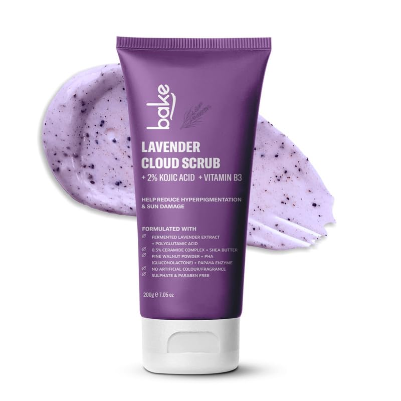 BAKE 2% Kojic Acid Lavender Body Scrub (200g) For Brightening, Tan Removal, Dark Spots & Pigmentation | Niacinamide & Ceramide Complex | Exfoliates & Brightens Underarms | Face Scrub with Walnut Granules | For Women & Men