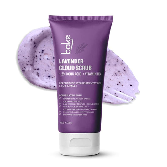 BAKE 2% Kojic Acid Lavender Body Scrub (200g) For Brightening, Tan Removal, Dark Spots & Pigmentation | Niacinamide & Ceramide Complex | Exfoliates & Brightens Underarms | Face Scrub with Walnut Granules | For Women & Men