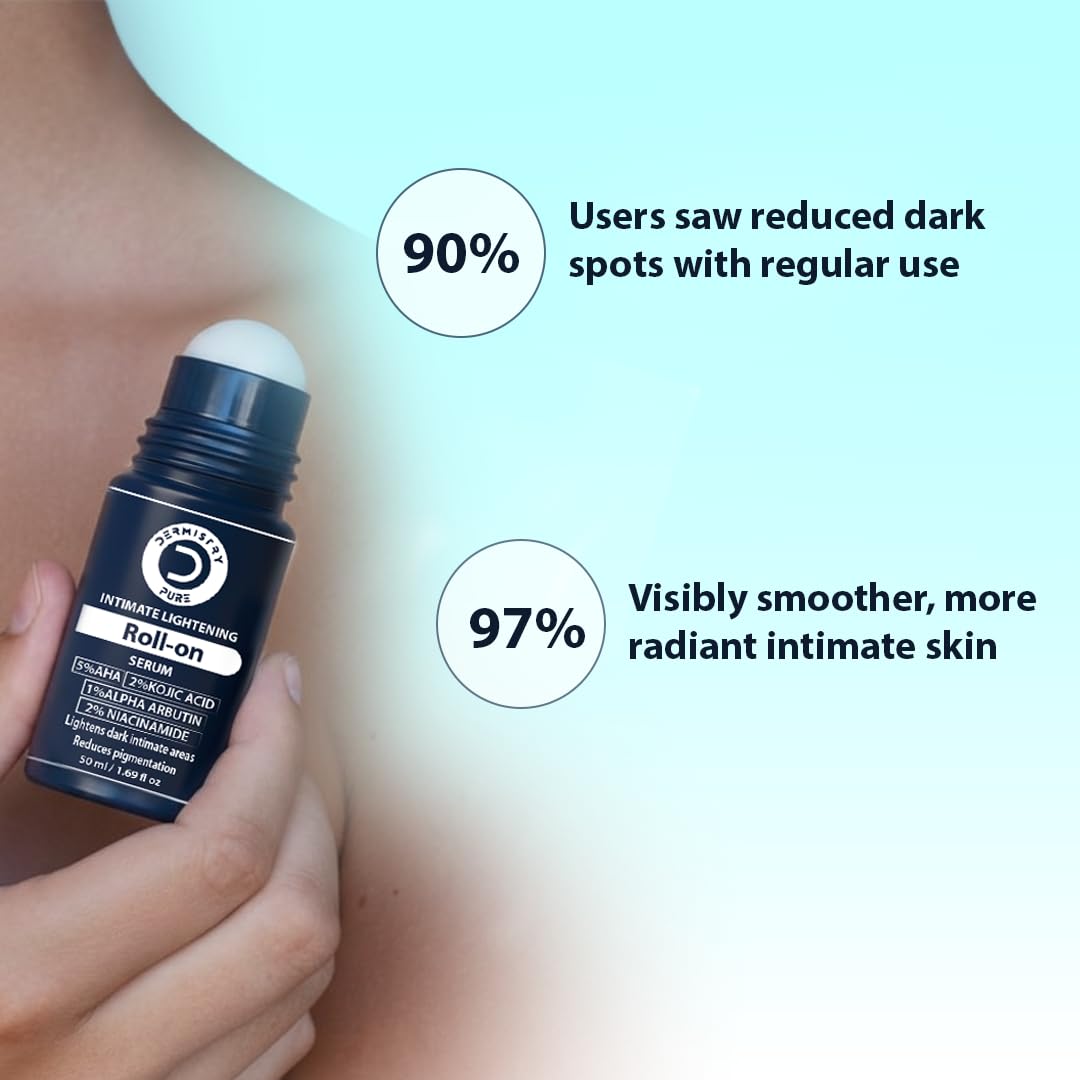 Roll-on product held by a hand with text indicating user results on skin
