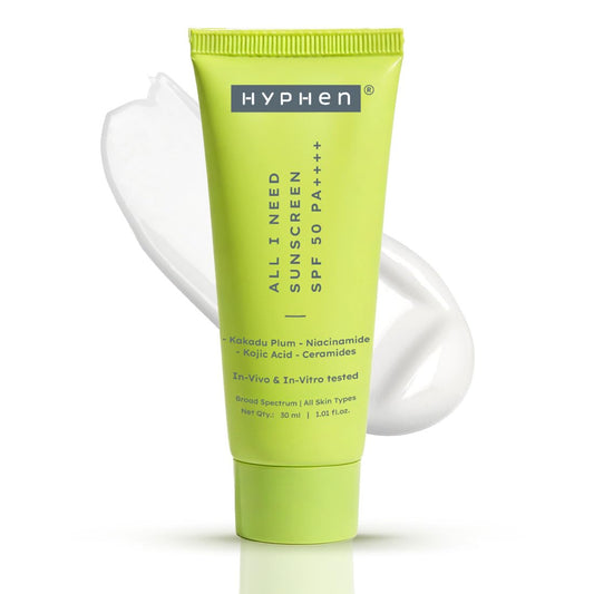 Green sunscreen tube with 'HYPHEN' branding on a white background