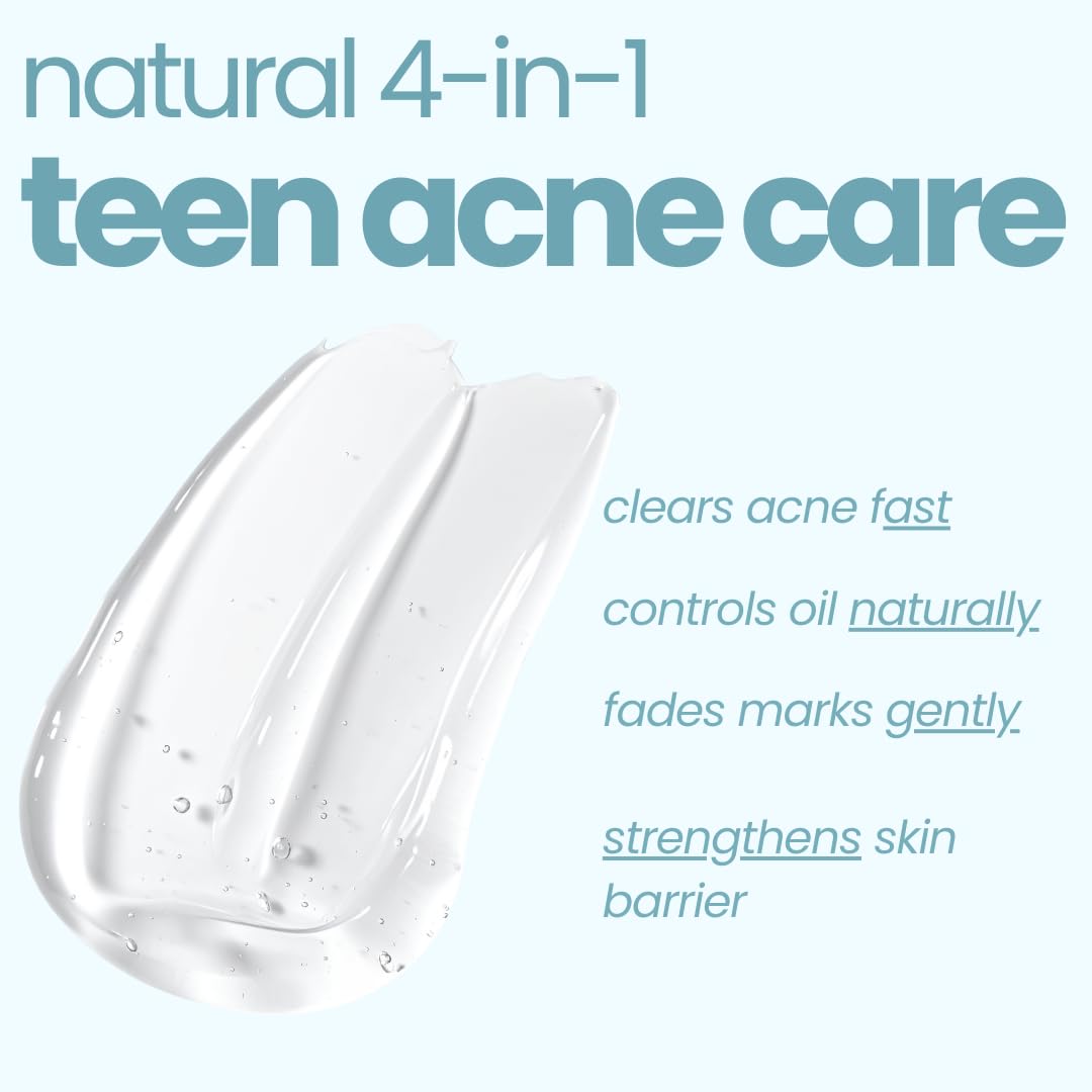Product packaging for natural 4-in-1 teen acne care with text on a white background