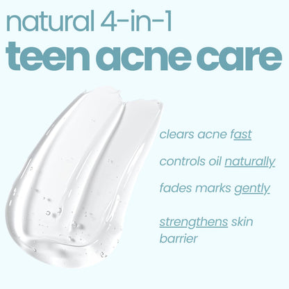 Product packaging for natural 4-in-1 teen acne care with text on a white background