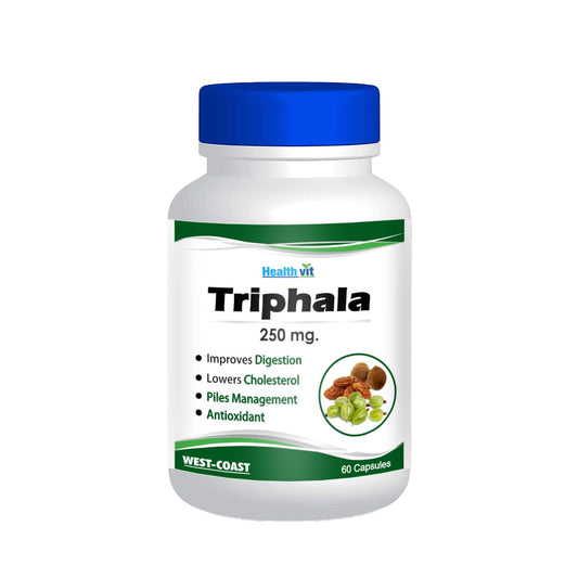 Bottle of Healthvit Triphala capsules with blue cap on a white background