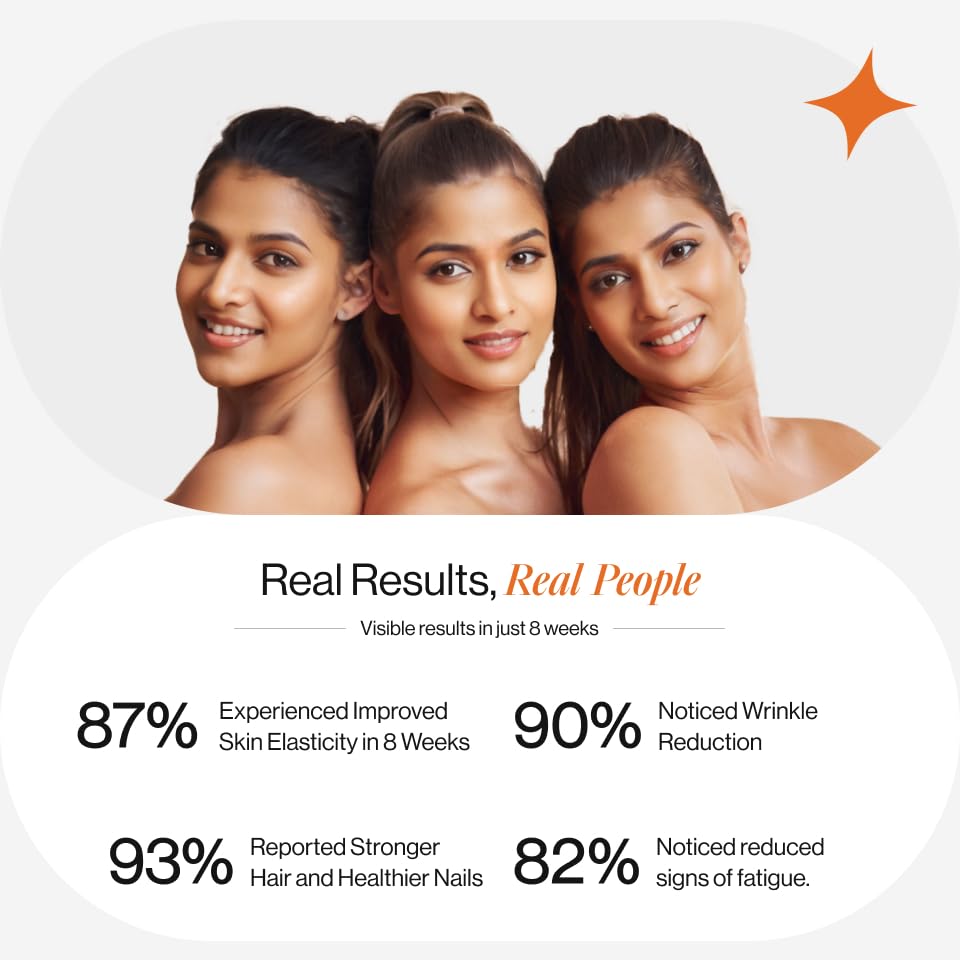 Three women with text highlighting skincare product results on a white background