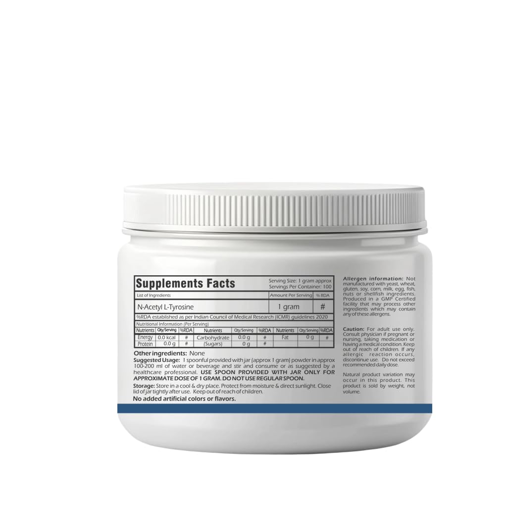 Trexgenics N-ACETYL L-TYROSINE PURE POWDER Crosses Blood Brain Barrier Neurotransmitter production, Cognitive Function, Focus, Attention, Memory, Stress Support (100 grams)