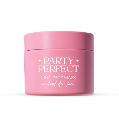 Pink jar of 'Party Perfect 2-in-1 Face Mask instant de-tan' on a white background