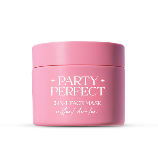 Pink jar of 'Party Perfect 2-in-1 Face Mask instant de-tan' on a white background