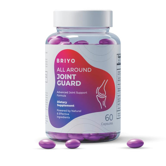 Briyo All Around Joint Guard dietary supplement bottle with purple capsules on a white background