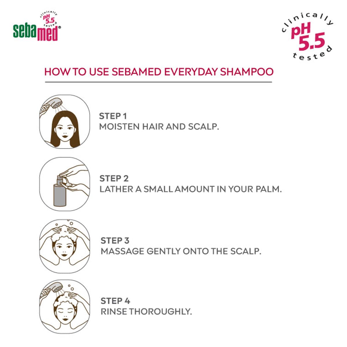 Instructions on how to use Sebamed Everyday Shampoo with step-by-step illustrations and text.