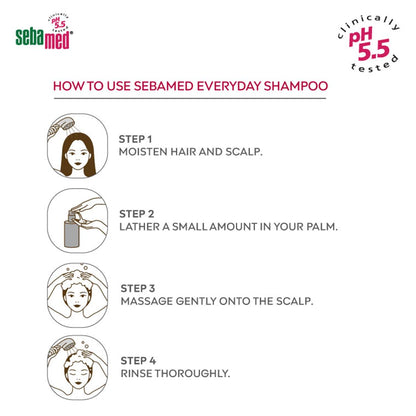 Instructions on how to use Sebamed Everyday Shampoo with step-by-step illustrations and text.