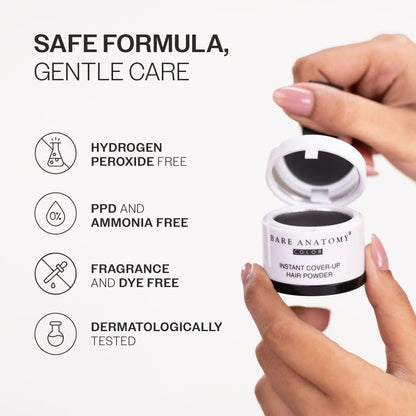 Hand holding a container of Bare Anatomy hair powder with safety features listed on a white background.
