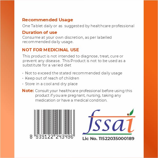 Back of a supplement package with usage instructions and FSSAI logo.