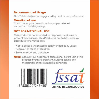 Back of a supplement package with usage instructions and FSSAI logo.