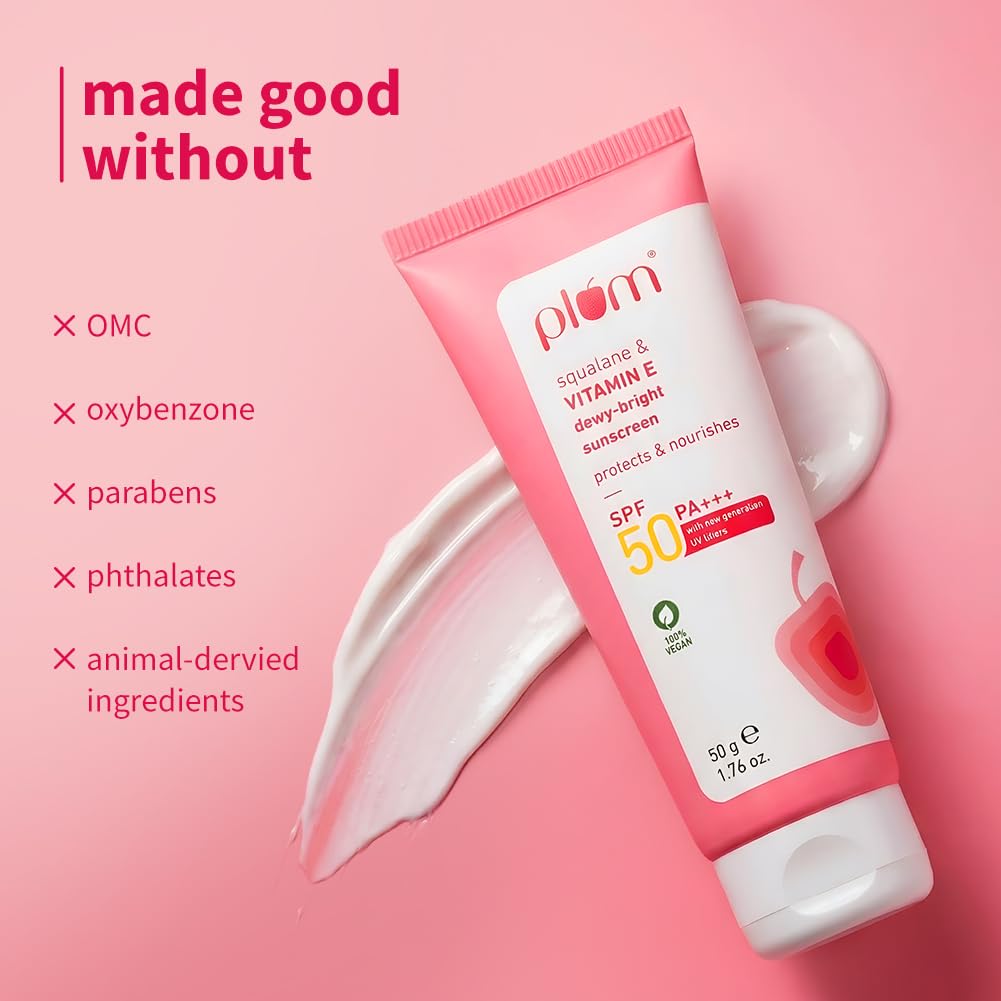 Plum Squalane&Vitamin E Dewy-Bright Sunscreen Spf 50 Pa+++|No White Cast,Lightweight,Non-Sticky|All Skin Types|Sunscreen For Women&Men|100% Vegan|50 G