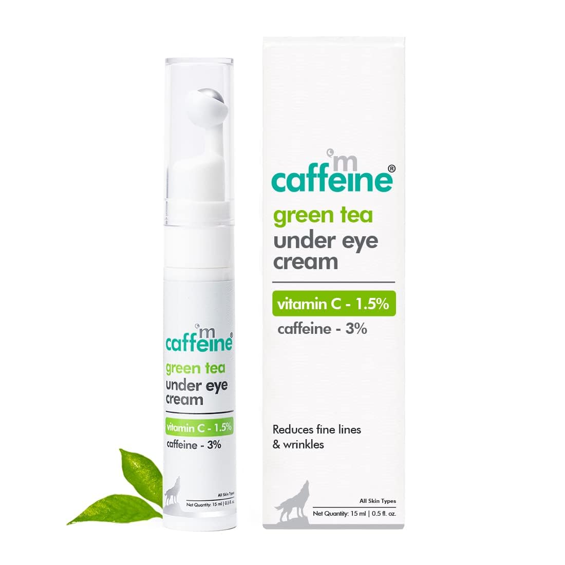 Caffeine green tea under eye cream packaging on a white background