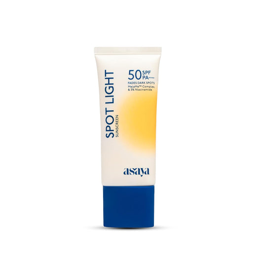 Tube of 'Spot Light' sunscreen with Asava branding on a white background