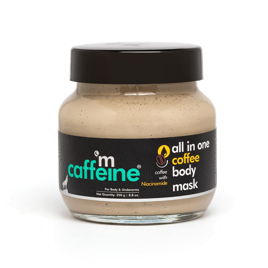 Jar of 'm caffeine' coffee body mask on a white background
