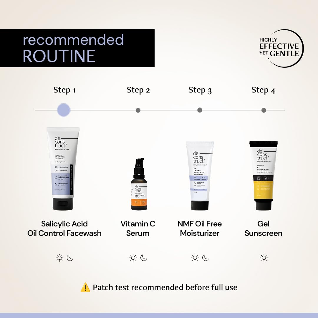 Skincare routine with products and steps labeled on a white background