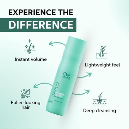 Wella Invigo Volume Boost shampoo bottle with product benefits on a light blue background