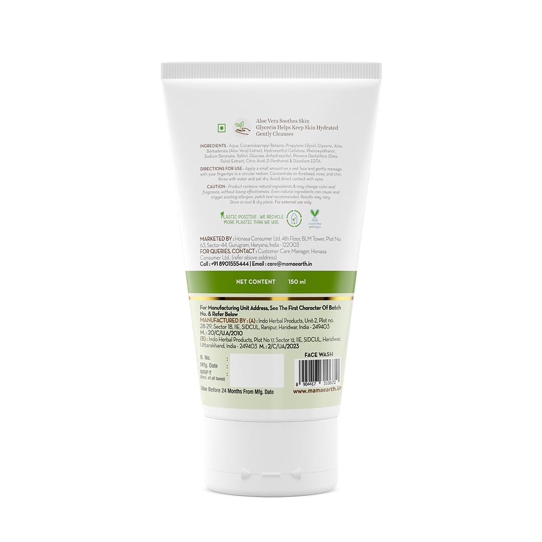 Mamaearth Aloe Gentle Face Wash with Aloe Vera & Glycerin for Sensitive Skin, Dry to Normal Skin -150 ml | Gently Cleanses | Hydrates & Soothes Skin | Fragrance & Soap - Free | Non-Irritant